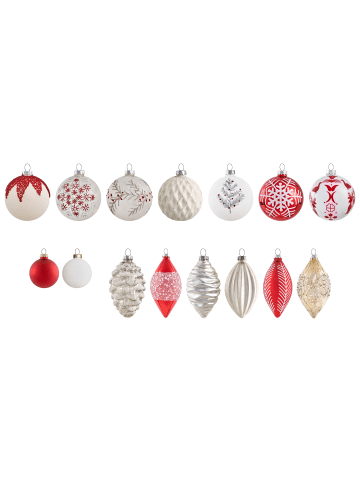 Beliani 50er-Set Weihnachtsbaumkugeln SNOWFLAKE in Rot/Weiß