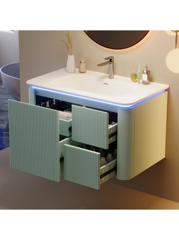 ABRIHOME Waschbeckenunterschrank in Grün 80,5x47,5x51 cm wandhängend mit LED Struktur 2 Schubladen