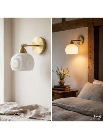 home24 Wandleuchte LERMO mit Akku-Leuchtmittel in Weiß / Messing