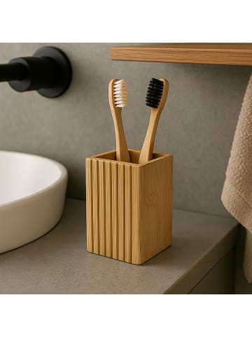 Bathroom Solutions Zahnbürstenbecher aus Bambus in Braun, (B) 6,6 x (H) 12,4 x (L) 8,8 cm