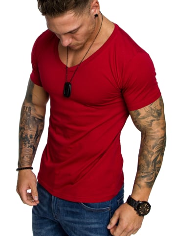 Amaci&Sons Basic T-Shirt mit V-Ausschnitt EUGENE in Rot