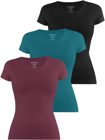 Janice 3 x Damen T-Shirt Nysa in Burgund/Petrol/Schwarz