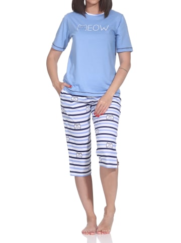 NORMANN Kurzarm Capri Schlafanzug Pyjama Katzen Optik Übergrößen in blau