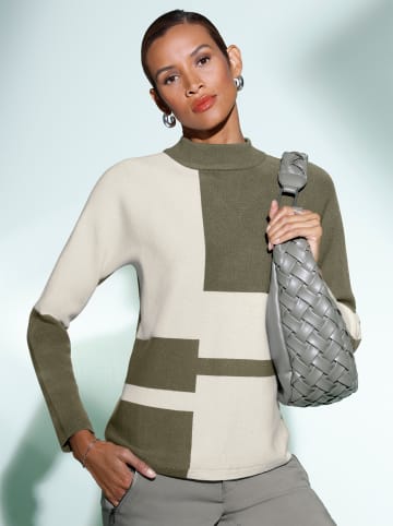creation L Jacquard-Pullover in khaki-ecru-gemustert