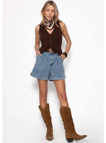 SASSYCLASSY Strick-Top mit Knopfleiste und tiefem V-Ausschnitt in Braun