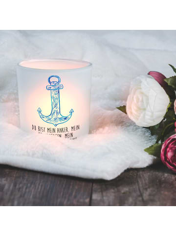 Mr. & Mrs. Panda Glas Windlicht Anker Blau mit Spruch in Transparent