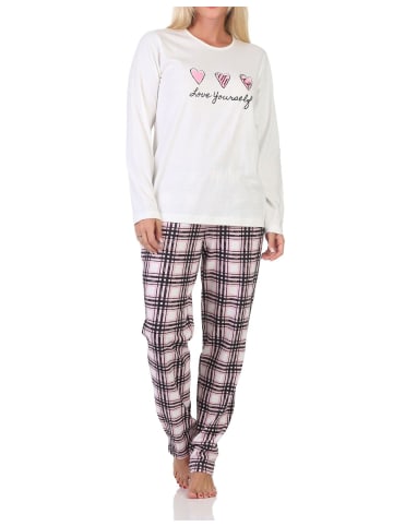 NORMANN Schlafanzug langarm Pyjama karierter Hose Jersey Übergrößen in weiß