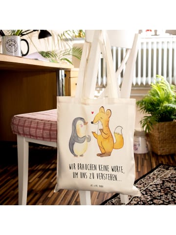 Umhängetasche Fuchs & Pinguin gehörlos mit Spruch in Creme