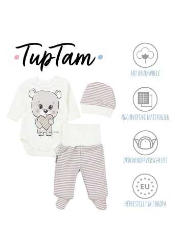 TupTam Baby Bekleidungsset Langarmbody Hose Mütze3 teilig in beige/gelb