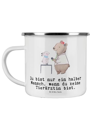 Mr. & Mrs. Panda Camping Emaille Tasse Tierärztin Herz mit Spruch in Weiß