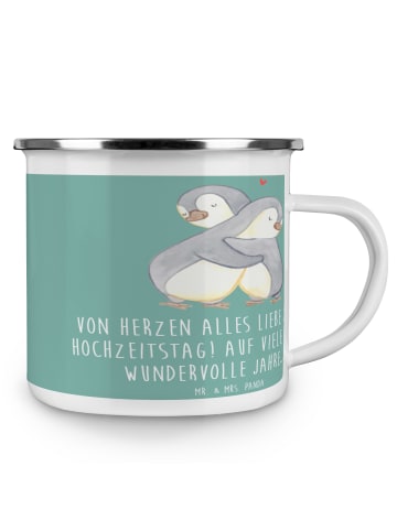 Mr. & Mrs. Panda Camping Emaille Tasse 14. Hochzeitstag Elfenbei... in Meeresbrise