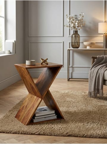 KADIMA DESIGN Extravaganter Beistelltisch aus Sheeshamholz, X-Konstruktion, 2 Ablagen