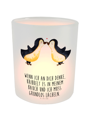 Mr. & Mrs. Panda Windlicht aus Glas Pinguine Kuss mit Spruch in Transparent
