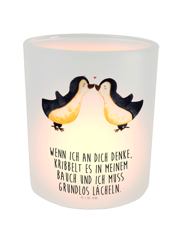 Mr. & Mrs. Panda Windlicht Pinguine Kuss mit Spruch in Transparent