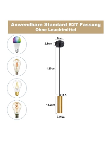 ZMH Pendelleuchte 1-flammige E27 in gold, rund, Metall ohne Leuchtmittel