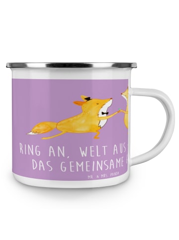 Mr. & Mrs. Panda Camping Emaille Tasse Verlobung Glück mit Spruch in Lavendeltraum