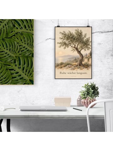 Poster Olivenbaum mediterran Design mit Spruch in Weiß