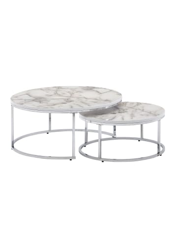 KADIMA DESIGN Couchtisch-Set Rund | Marmor-Optik Weiß-Silber, 2-teilig, Metall in Silber