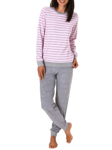 NORMANN Frottee Pyjama langarm Bündchen Streifen - 50011 in rosa