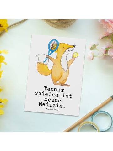 Mr. & Mrs. Panda Ansichtskarte Fuchs Tennis spielen mit Spruch in Weiß