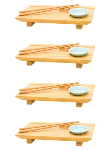 DuneDesign 4er Set Sushi Brett mit Schälchen 27x16x4cm in Braun