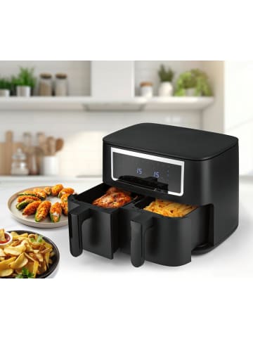 Gourmet Maxx Heißluft-Fritteuse Doppelkorb 2x 4l 2600W schwarz matt/Edelstahl Schwarz