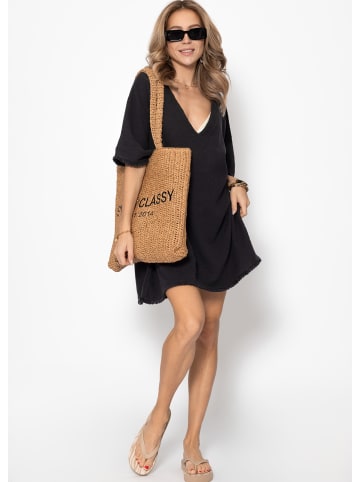 SASSYCLASSY Musselin Tunika mit Fransen in Schwarz
