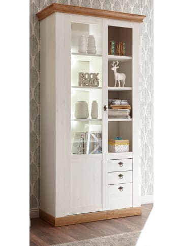 Furn.Design Vitrine weiß Pinie, Eiche Wotan 102 x 200 cm, Vitrinenschrank mit 10 Fächern