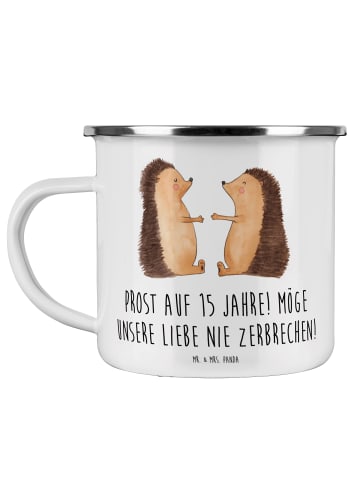 Mr. & Mrs. Panda Camping Emaille Tasse 15. Hochzeitstag Gläserne... in Weiß