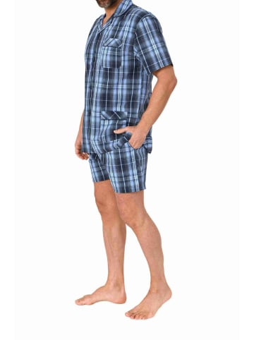 NORMANN kurzarm Schlafanzug Shorty Pyjama gewebt zum Knöpfen - 80172 in blau