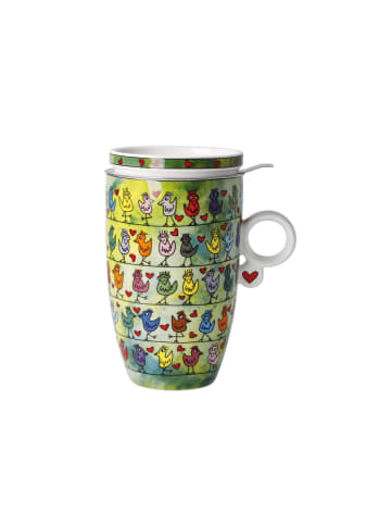 Goebel Teetasse mit Deckel und Sieb " James Rizzi Birds on a Love Wire " in Bunt