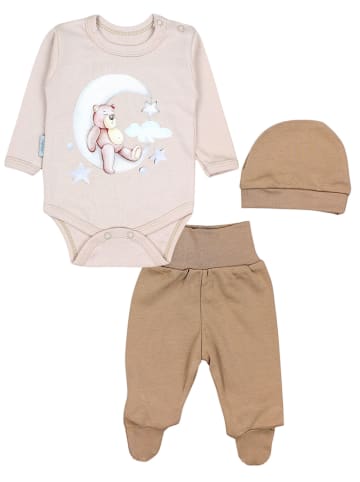 TupTam Baby Bekleidungsset Langarmbody Hose Mütze3 teilig in beige/braun