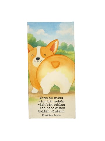 Mr. & Mrs. Panda Badehandtuch Corgi Po Design mit Spruch in Grau Pastell