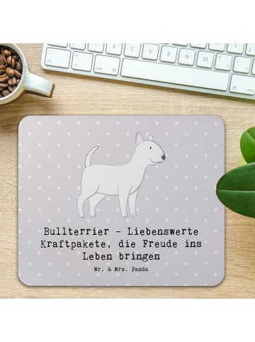 Mr. & Mrs. Panda Mauspad Bullterrier Kraftpaket mit Spruch in Grau Pastell