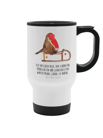 Mr. & Mrs. Panda Travel Mug Rotkehlchen Schlitten mit Spruch in Weiß