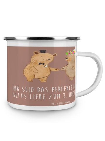 Mr. & Mrs. Panda Camping Emaille Tasse 3. Hochzeitstag Lederhoch... in Braun Pastell