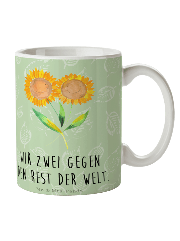 Mr. & Mrs. Panda Tasse Blume Sonnenblume mit Spruch in Blattgrün