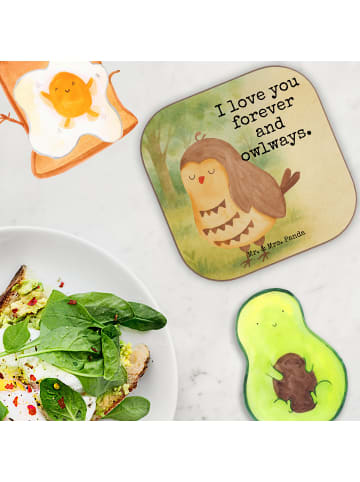 Mr. & Mrs. Panda Holzuntersetzer Eule Zufrieden Design mit Spruch in Weiß