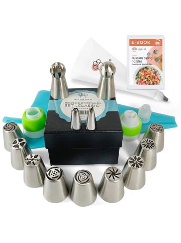 Wenburg Spritzbeutel-Set mit 38 Spritztüllen, Kupplungen und Spritzbeuteln Silber