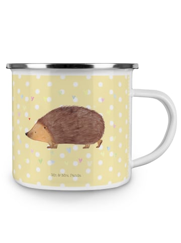 Mr. & Mrs. Panda Camping Emaille Tasse Igel Herzen ohne Spruch in Gelb Pastell