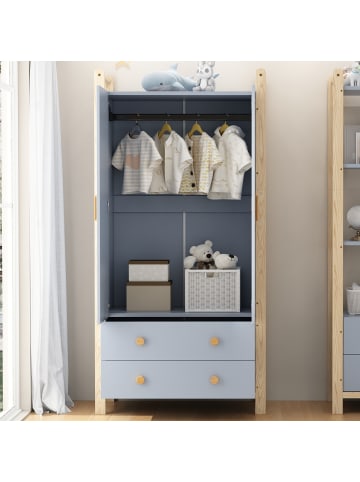ABRIHOME Kleiderschrank in Blau mit 2 Türen Stange 2 Schubladen 90x45x180 cm