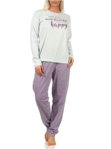 NORMANN langarm Schlafanzug Pyjama Schriftzug und karierter Hose - 64539 in türkis