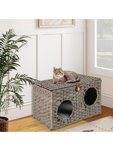 COSTWAY Katzenhaus aus PE-Rattan in Grau
