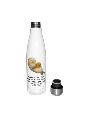 Mr. & Mrs. Panda Edelstahl Trinkflasche Robbe Pommes mit Spruch in Weiß