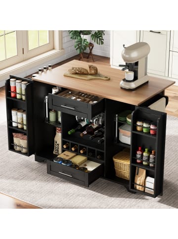 ABRIHOME Küchenwagen in Schwarz 120x70x92 cm klappbar mit Rollen Weinregal Glashalter