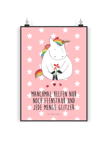 Mr. & Mrs. Panda Poster Einhorn Traurig mit Spruch in Rot Pastell