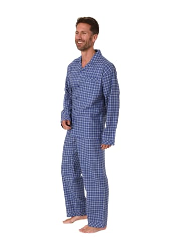 NORMANN Flanell Pyjama Schlafanzug zum durchknöpfen in blau