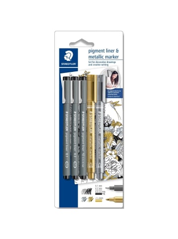 Staedtler Feinschreiber pigment liner 3 Stück schwarz + metallic marker gold u...