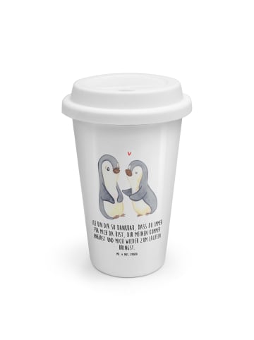 Mr. & Mrs. Panda ToGo Kaffeebecher Pinguine trösten mit Spruch in Weiß