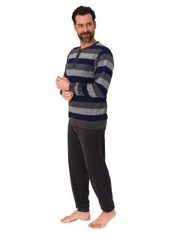 NORMANN Frottee Schlafanzug Bündchen Blockstreifen - 81349 in blau